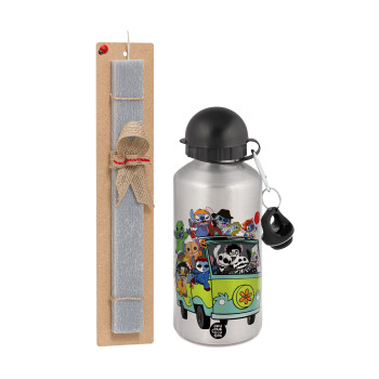 Stitch Halloween, Easter Set, metallic silver aluminum water bottle (500ml) & aromatic flat Easter candle (30cm) (GRAY)