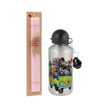 Stitch Halloween, Easter Set, metallic Silver aluminum water bottle (500ml) & scented flat Easter candle (30cm) (PINK)