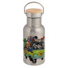 Stainless steel metallic thermos flask, silver with a bamboo lid, double-walled, 350ml.