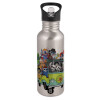 Water bottle Silver with straw, stainless steel 600ml