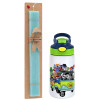 Easter Set, Children's thermal stainless steel bottle with safety straw, green/blue (350ml) & aromatic flat Easter candle (30cm) (TURQUOISE)