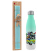 Easter Set, Metallic green/white thermos (Stainless steel), double-walled, 500ml & scented flat Easter candle (30cm) (TURQUOISE)