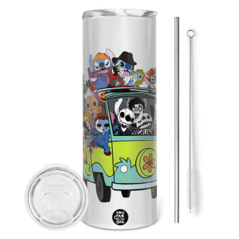 Stitch Halloween, Tumbler ποτήρι θερμό από ανοξείδωτο ατσάλι 600ml, με μεταλλικό καλαμάκι & βούρτσα καθαρισμού