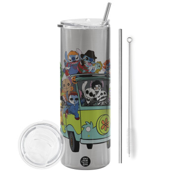 Stitch Halloween, Eco friendly ποτήρι θερμό Ασημένιο (tumbler) από ανοξείδωτο ατσάλι 600ml, με μεταλλικό καλαμάκι & βούρτσα καθαρισμού