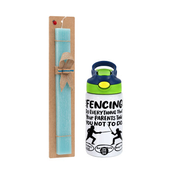 Fencing, do everything that your parents told you not to do., Easter Set, Children's thermal stainless steel bottle with safety straw, green/blue (350ml) & aromatic flat Easter candle (30cm) (TURQUOISE)