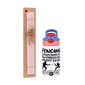 Fencing, do everything that your parents told you not to do., Easter Set, Children's thermal stainless steel water bottle with safety straw, pink/purple (350ml) & Easter scented flat candle (30cm) (PINK)