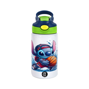 Stitch Basketball, Children's hot water bottle, stainless steel, with safety straw, green, blue (350ml)