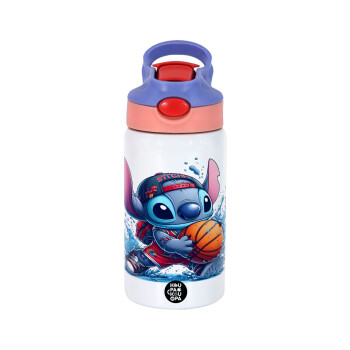 Stitch Basketball, Children's hot water bottle, stainless steel, with safety straw, pink/purple (350ml)