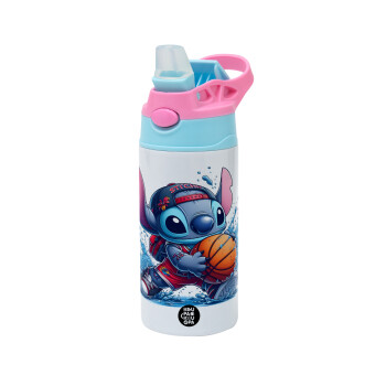 Stitch Basketball, Children's hot water bottle, stainless steel, with safety straw, Pink/BlueCiel (360ml) BPA FREE