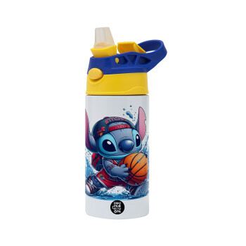 Stitch Basketball, Children's hot water bottle, stainless steel, with safety straw, green, blue (360ml) BPA FREE