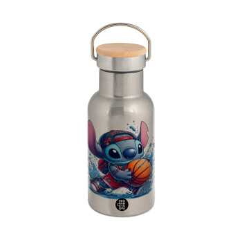 Stitch Basketball, Stainless steel metallic thermos flask, silver with a bamboo lid, double-walled, 350ml.