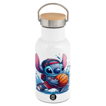 Stitch Basketball, Μεταλλικό παγούρι θερμός (Stainless steel) Λευκό με ξύλινο καπακι (bamboo), διπλού τοιχώματος, 350ml