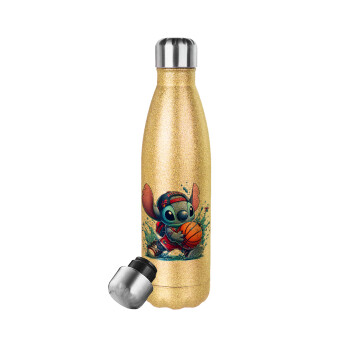 Stitch Basketball, Glitter gold stainless steel thermos bottle, double-walled, 500ml