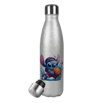 Stitch Basketball, Metallic Glitter Silver Thermos Flask (Stainless steel), double-walled, 500ml