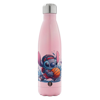 Stitch Basketball, Metal mug thermos Pink Iridiscent (Stainless steel), double wall, 500ml