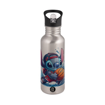 Stitch Basketball, Water bottle Silver with straw, stainless steel 600ml