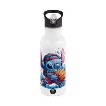 Stitch Basketball, White water bottle with straw, stainless steel 600ml