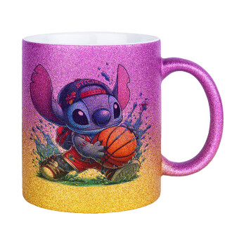 Stitch Basketball, Κούπα Χρυσή/Ροζ Glitter, κεραμική, 330ml