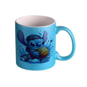 Stitch Basketball, Κούπα Σιέλ Glitter που γυαλίζει, κεραμική, 330ml