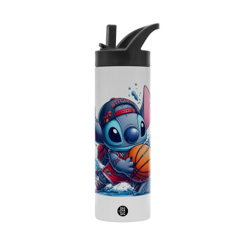 Stitch Basketball, Metallic thermos bottle with straw & handle, stainless steel (Stainless steel 304), double-walled, 600ml.