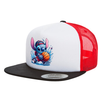 Stitch Basketball, Καπέλο Ενηλίκων Foam Flat Snapback με Δίχτυ Μαύρο-Λευκό-Κόκκινο (POLYESTER, ΕΝΗΛΙΚΩΝ, UNISEX, ONE SIZE)