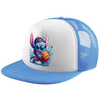 Stitch Basketball, Καπέλο παιδικό Soft Trucker με Δίχτυ ΓΑΛΑΖΙΟ/ΛΕΥΚΟ (POLYESTER, ΠΑΙΔΙΚΟ, ONE SIZE)