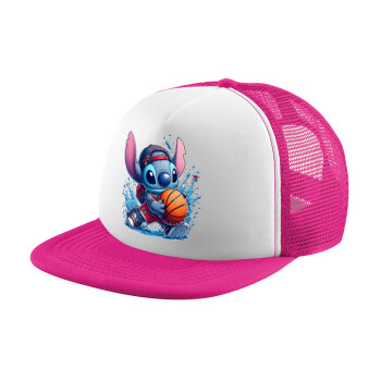 Stitch Basketball, Καπέλο παιδικό Soft Trucker με Δίχτυ ΡΟΖ/ΛΕΥΚΟ (POLYESTER, ΠΑΙΔΙΚΟ, ONE SIZE)