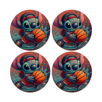 Stitch Basketball, ΣΕΤ x4 Σουβέρ ξύλινα στρογγυλά plywood (9cm)