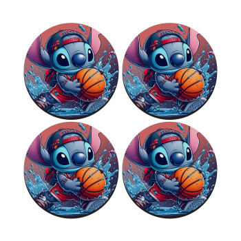 Stitch Basketball, SET of 4 round wooden coasters (9cm)