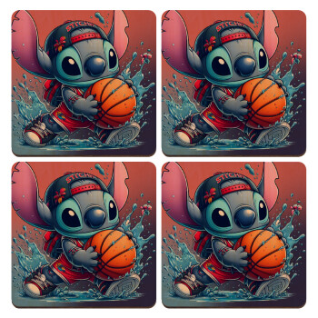 Stitch Basketball, ΣΕΤ x4 Σουβέρ ξύλινα τετράγωνα plywood (9cm)