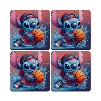 Stitch Basketball, ΣΕΤ 4 Σουβέρ ξύλινα τετράγωνα (9cm)