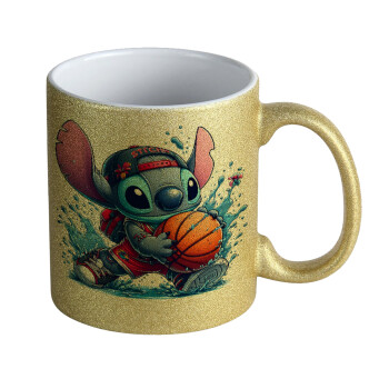 Stitch Basketball, Κούπα Χρυσή Glitter που γυαλίζει, κεραμική, 330ml