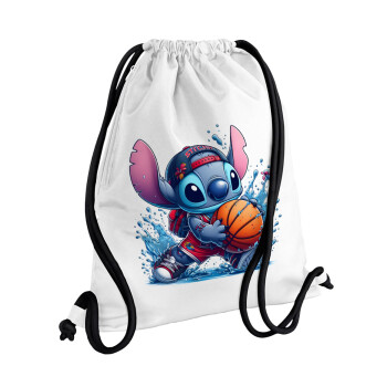 Stitch Basketball, Τσάντα πλάτης πουγκί GYMBAG λευκή, με τσέπη (40x48cm) & χονδρά κορδόνια