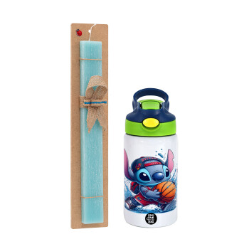 Stitch Basketball, Easter Set, Children's thermal stainless steel bottle with safety straw, green/blue (350ml) & aromatic flat Easter candle (30cm) (TURQUOISE)