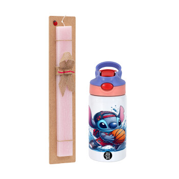 Stitch Basketball, Easter Set, Children's thermal stainless steel water bottle with safety straw, pink/purple (350ml) & Easter scented flat candle (30cm) (PINK)