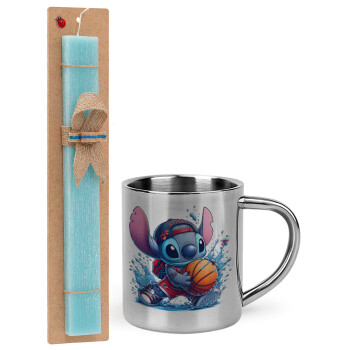 Stitch Basketball, Easter Set, metallic thermal cup (300ml) & aromatic flat Easter candle (30cm) (TURQUOISE)