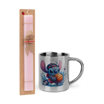 Stitch Basketball, Easter Set, metallic thermal cup (300ml) & aromatic flat Easter candle (30cm) (PINK)