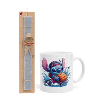 Stitch Basketball, Easter Set, Ceramic Cup (330ml) & Easter aromatic flat candle (30cm) (GRAY)