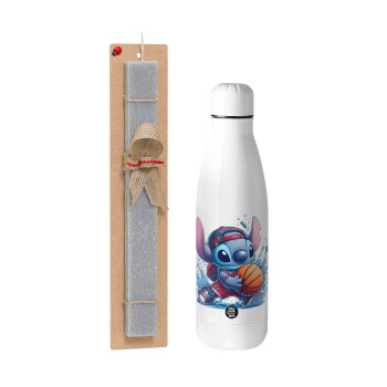 Stitch Basketball, Easter Set, metallic stainless thermos bottle (500ml) & scented flat Easter candle (30cm) (GRAY)