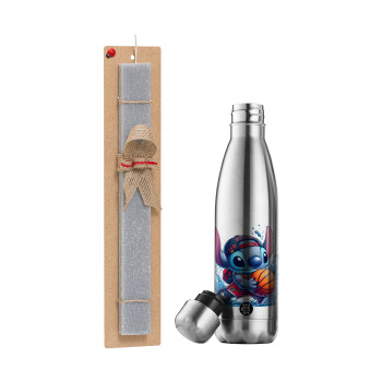 Stitch Basketball, Easter Set, metallic stainless thermos flask (500ml) & scented flat Easter candle (30cm) (GRAY)