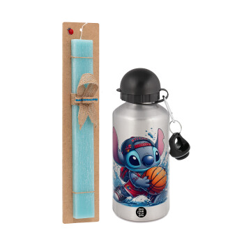 Stitch Basketball, Easter Set, metallic silver aluminum water bottle (500ml) & scented flat Easter candle (30cm) (TURQUOISE)