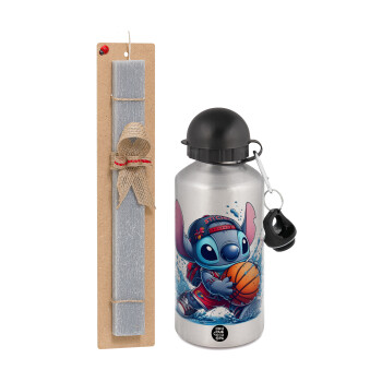 Stitch Basketball, Easter Set, metallic silver aluminum water bottle (500ml) & aromatic flat Easter candle (30cm) (GRAY)