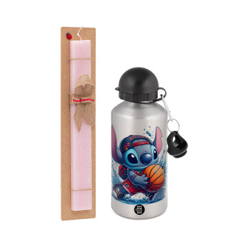 Stitch Basketball, Easter Set, metallic Silver aluminum water bottle (500ml) & scented flat Easter candle (30cm) (PINK)