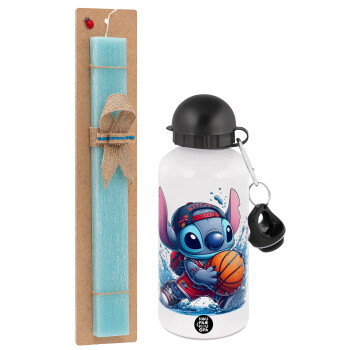 Stitch Basketball, Easter Set, metallic aluminum water bottle (500ml) & scented flat candle (30cm) (TURQUOISE)