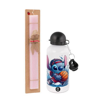 Stitch Basketball, Easter Set, metallic aluminum bottle (500ml) & aromatic flat Easter candle (30cm) (PINK)