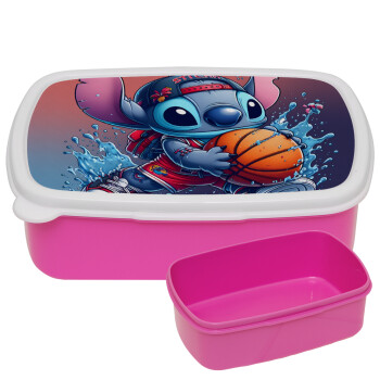 Stitch Basketball, ΡΟΖ παιδικό δοχείο φαγητού (lunchbox) πλαστικό (BPA-FREE) Lunch Βox M18 x Π13 x Υ6cm