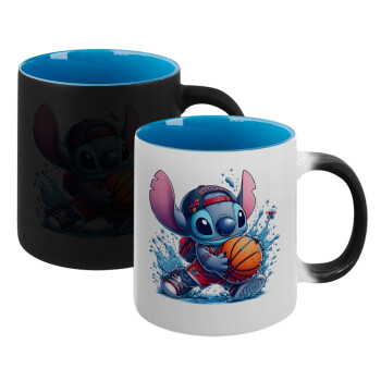 Stitch Basketball, Κούπα Μαγική εσωτερικό μπλε, κεραμική 330ml που αλλάζει χρώμα με το ζεστό ρόφημα