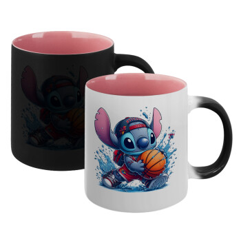 Stitch Basketball, Κούπα Μαγική εσωτερικό ΡΟΖ, κεραμική 330ml που αλλάζει χρώμα με το ζεστό ρόφημα (1 τεμάχιο)