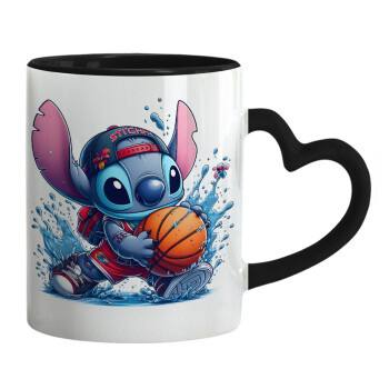 Stitch Basketball, Κούπα καρδιά χερούλι μαύρη, κεραμική, 330ml