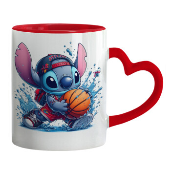 Stitch Basketball, Κούπα καρδιά χερούλι κόκκινη, κεραμική, 330ml